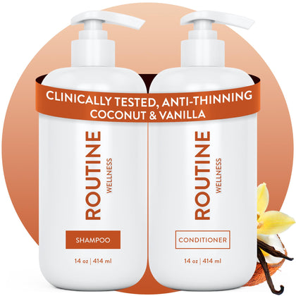 Routine Wellness front packaging showing Coconut & Vanilla scent and volumizing benefit