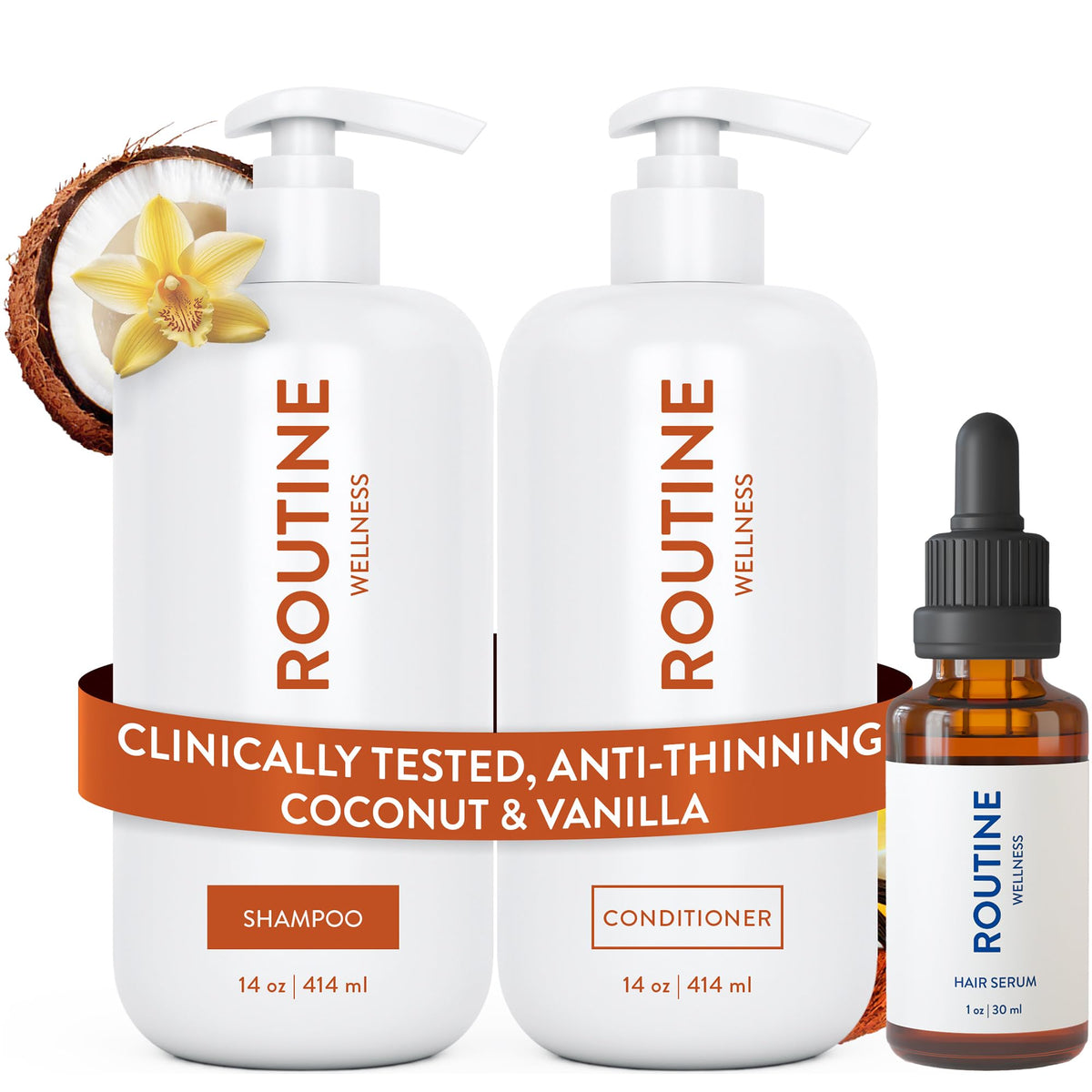 Routine Wellness front packaging set showing coconut vanilla scent and benefits