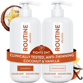 Routine Wellness front packaging showing shampoo and conditioner delivering fuller hair