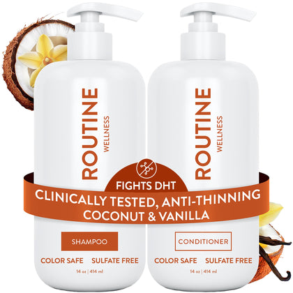 Routine Wellness front packaging showing shampoo and conditioner delivering fuller hair