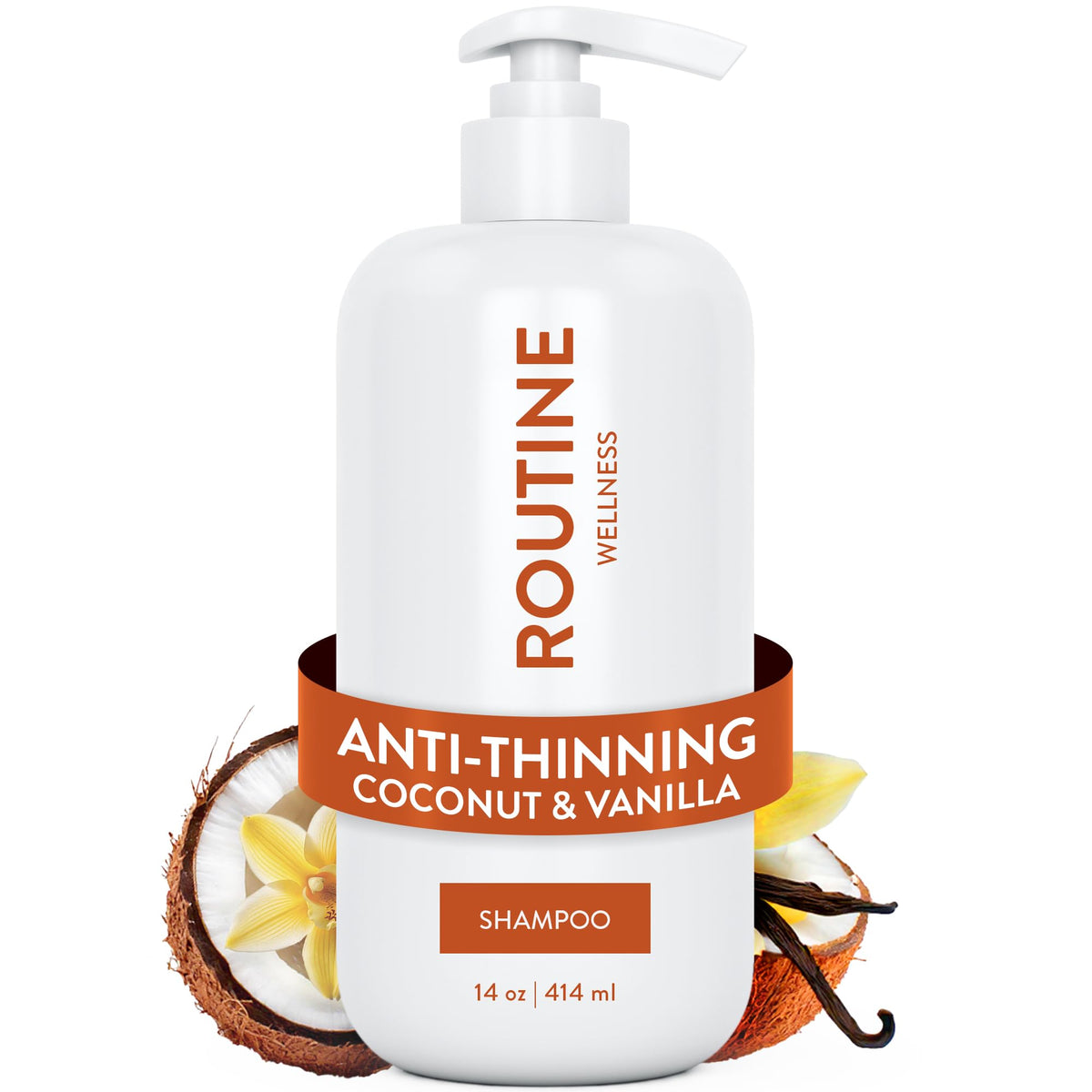 Routine Wellness front packaging of anti-thinning shampoo showing size and branding benefits
