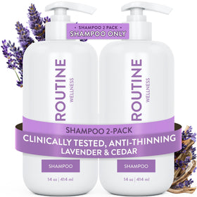 Routine Wellness front packaging showing two lavender cedar shampoo bottles and benefits