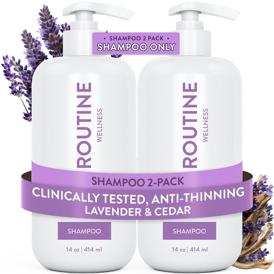 Routine Wellness front packaging showing two lavender cedar shampoo bottles and benefits