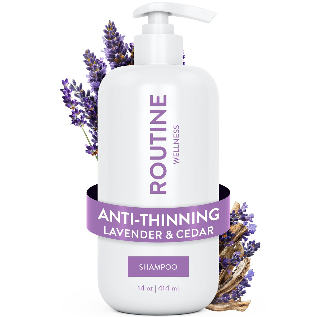 Routine Wellness front packaging showing 14 oz bottle and lavender cedar scent benefit