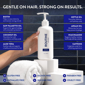 Routine Wellness before and after hair comparison showing improved volume and strength