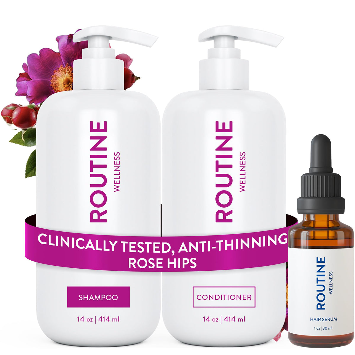 Routine Wellness front packaging showing full rose hips hair care set for fuller hair