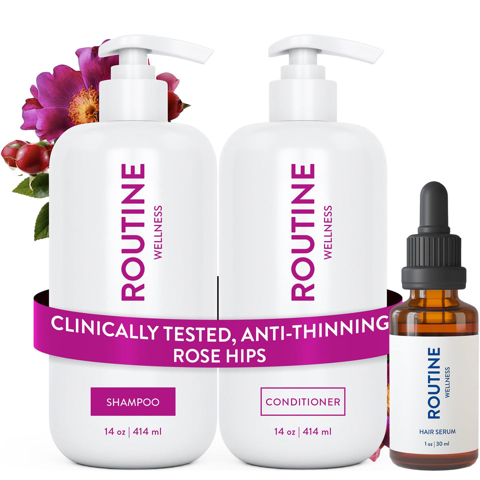 Routine Wellness front packaging showing full rose hips hair care set for fuller hair