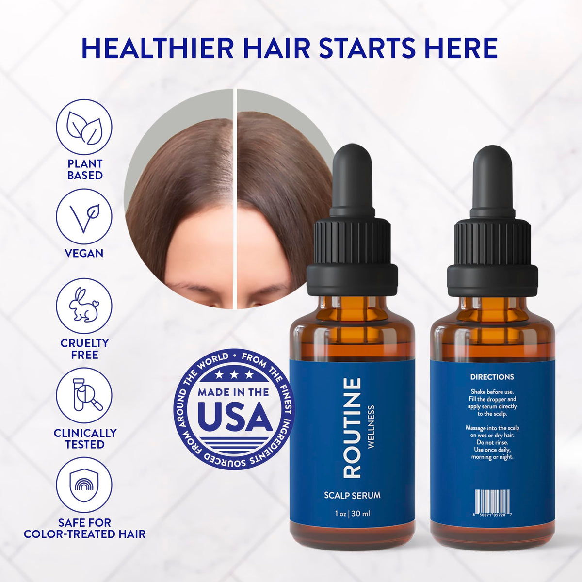Routine Wellness illustrative before and after hair density concept, visualizing improved fuller-looking hair benefit