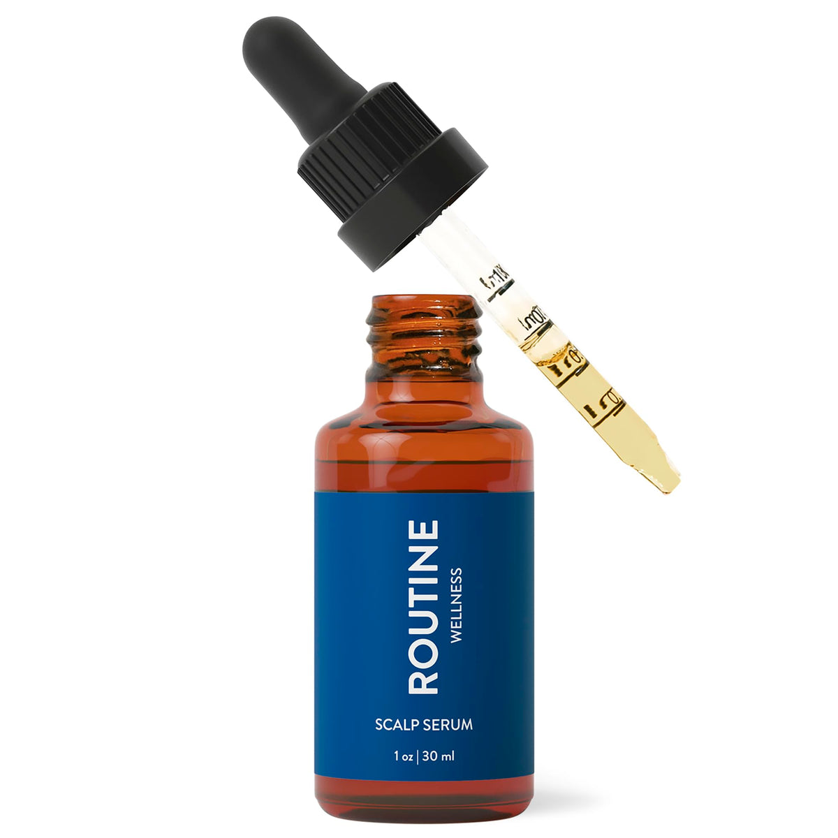Routine Wellness front packaging showing 30ml scalp serum, clear branding and compact bottle benefits ease