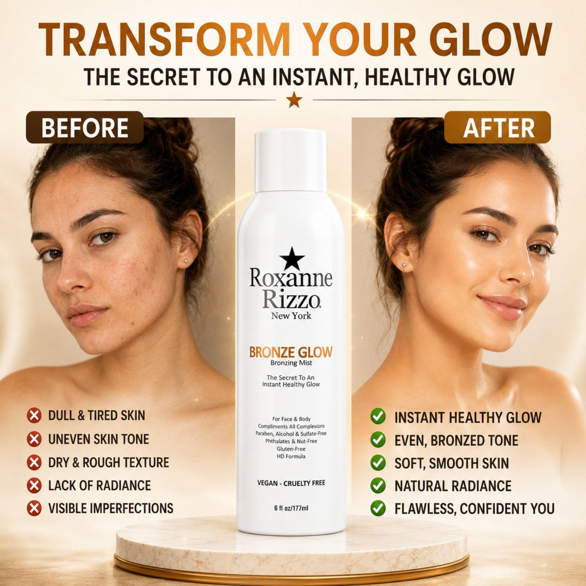 Roxanne Rizzo bronzed skin in outdoor lifestyle setting showing natural sun-kissed radiance