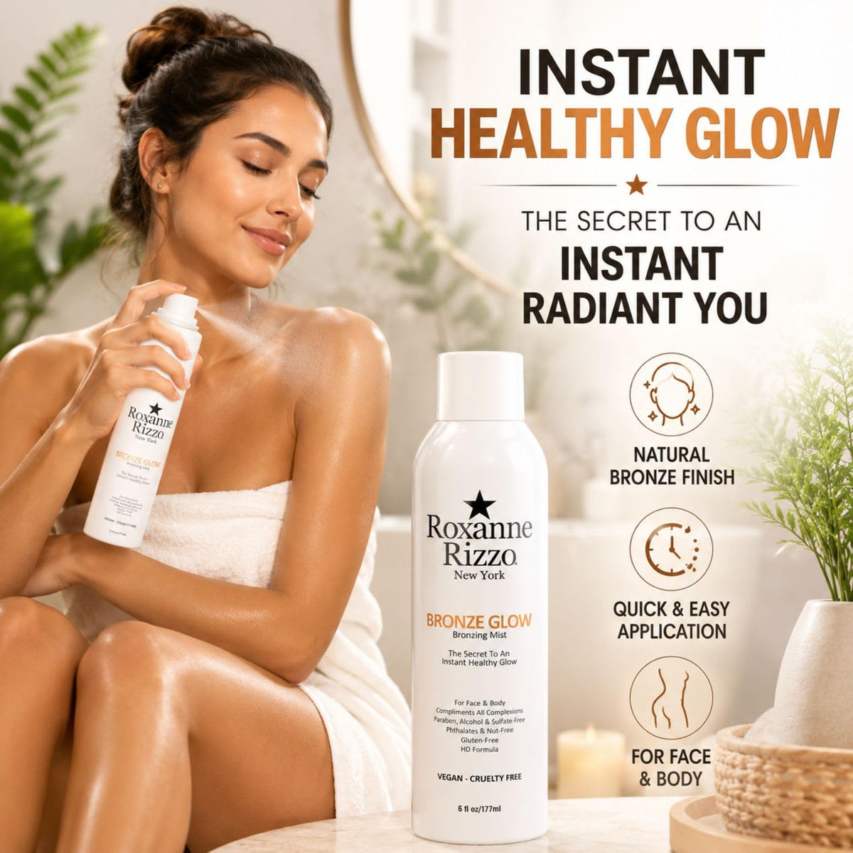 Roxanne Rizzo mist spraying closeup demonstrating fine, even application benefit