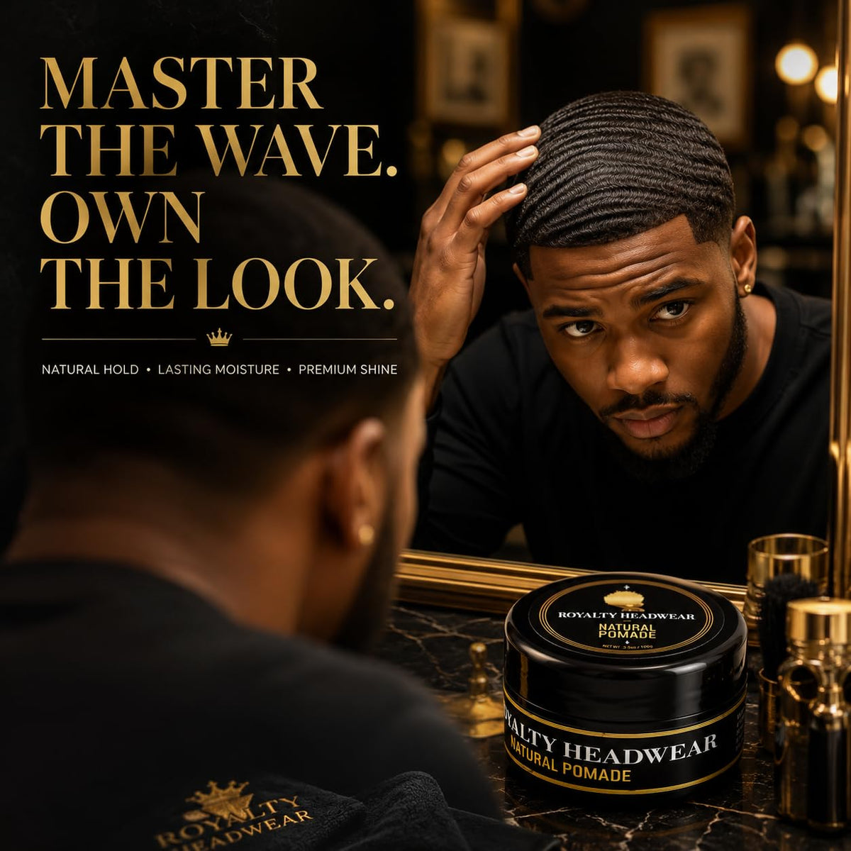 Royalty Headwear styled waves on scalp showing defined pattern and moisturized finish