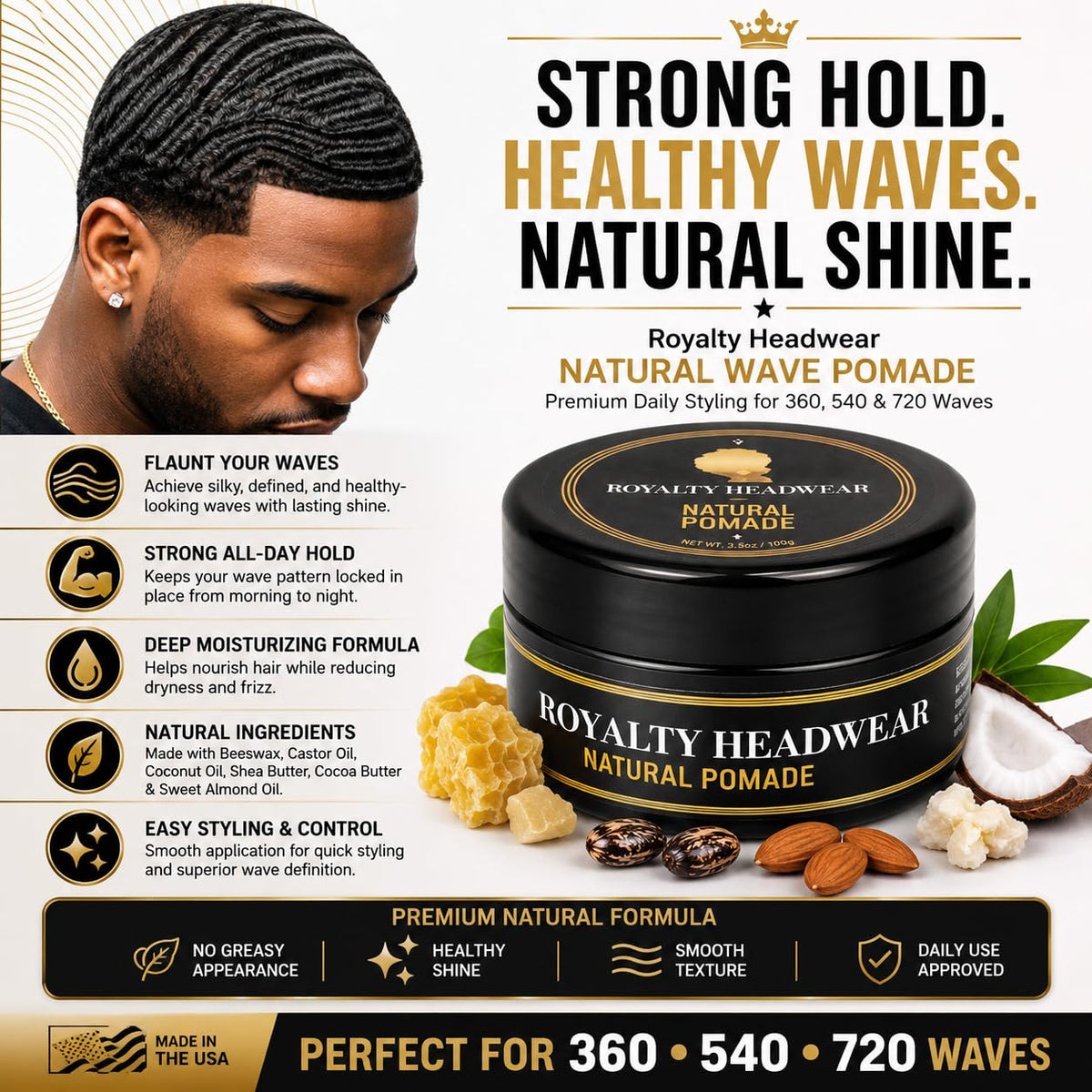 Royalty Headwear close-up of pomade texture, demonstrates smooth spreadability benefit