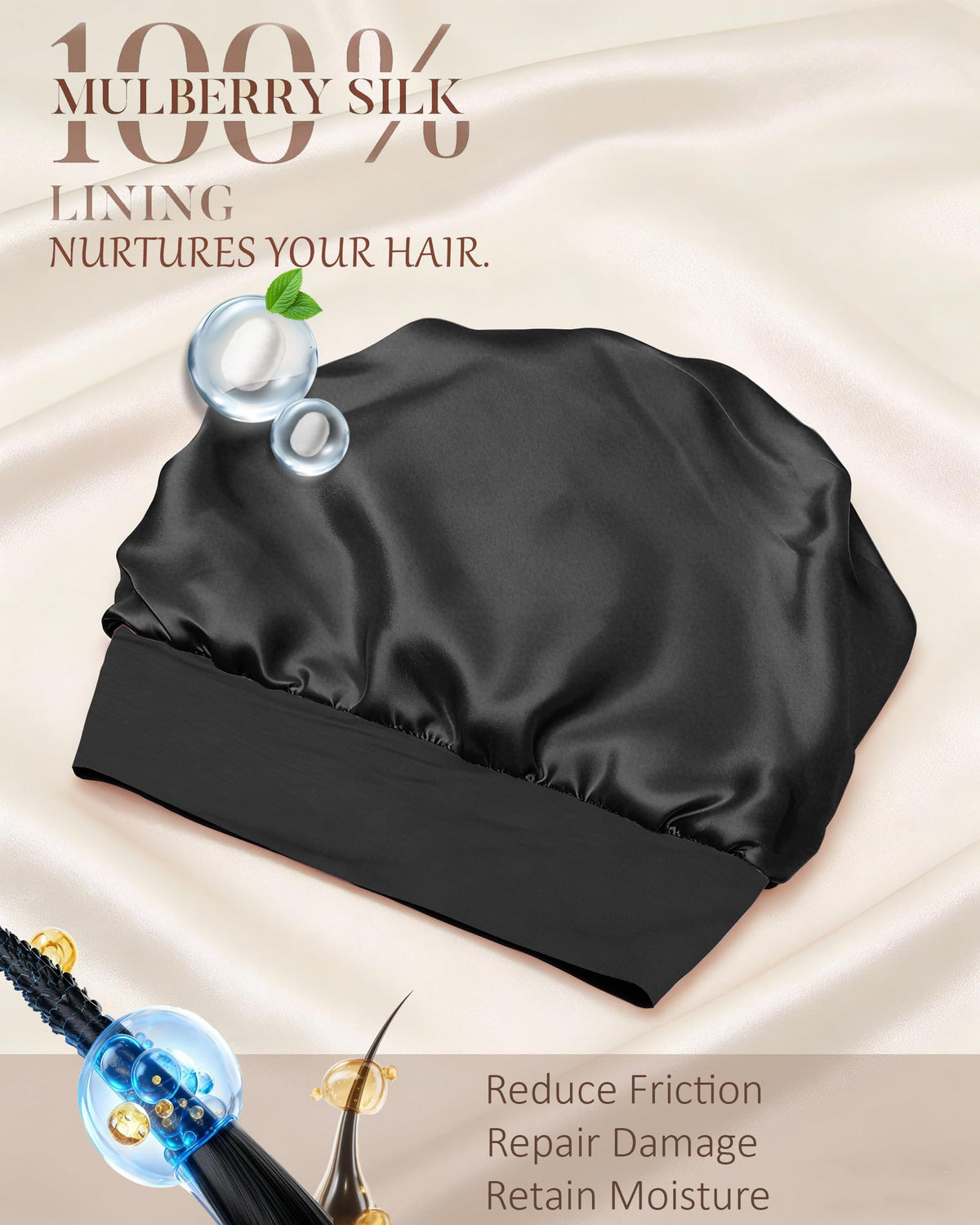 ROYBENS close-up of 100% mulberry silk lining for friction reduction