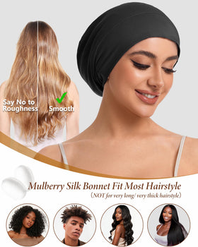ROYBENS bonnet worn with curly hair showing preserved curls benefit