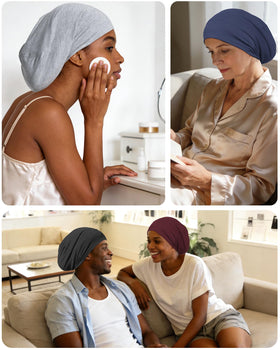 ROYBENS bonnet covering braids to prevent frizz and preserve style