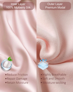 ROYBENS close-up of mulberry silk lining showing smooth texture benefit: reduces friction