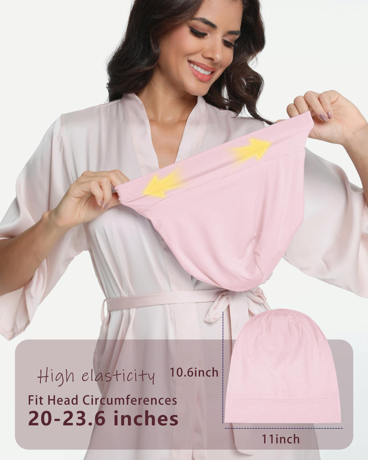 ROYBENS model wearing bonnet while sleeping showing comfortable fit benefit: preserves curls