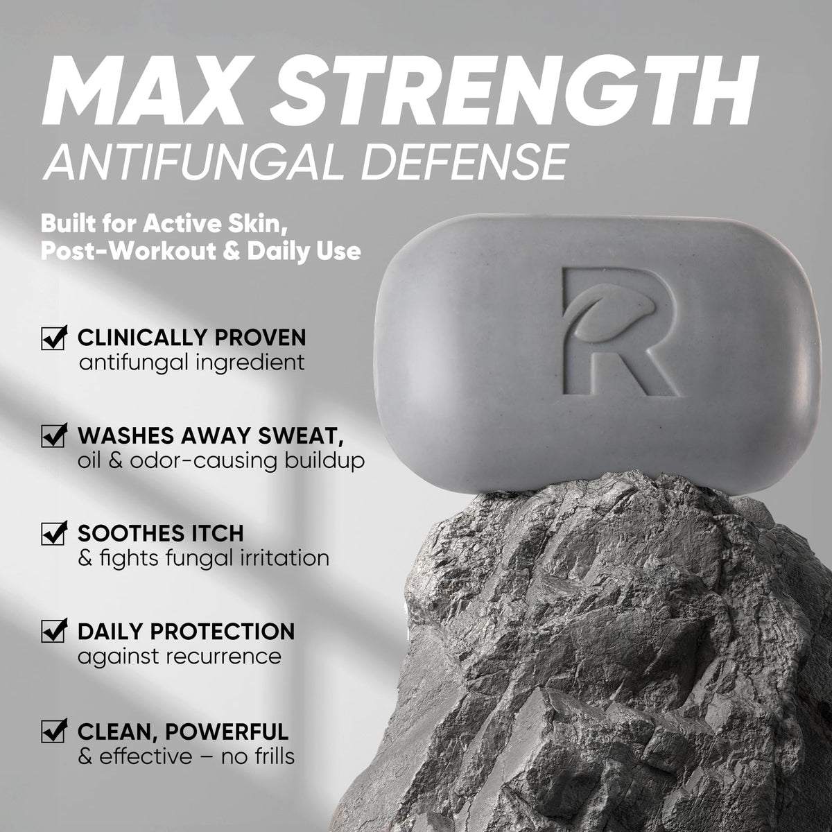 Roycederm bar close-up texture with charcoal showing deep-cleansing action