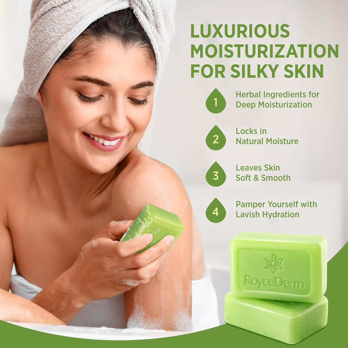 Roycederm bar in hand illustrating compact travel-friendly size