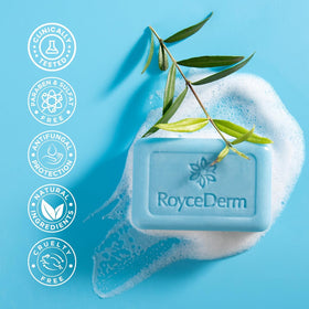 Roycederm size comparison next to ruler showing compact travel-friendly bar