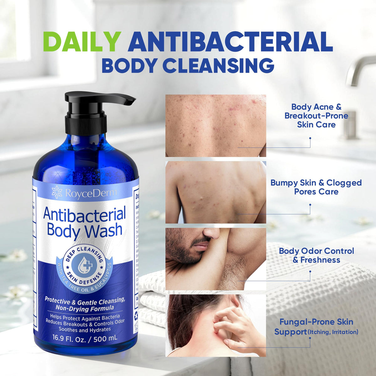 Roycederm bottle paired with Roycederm soap for regimen support
