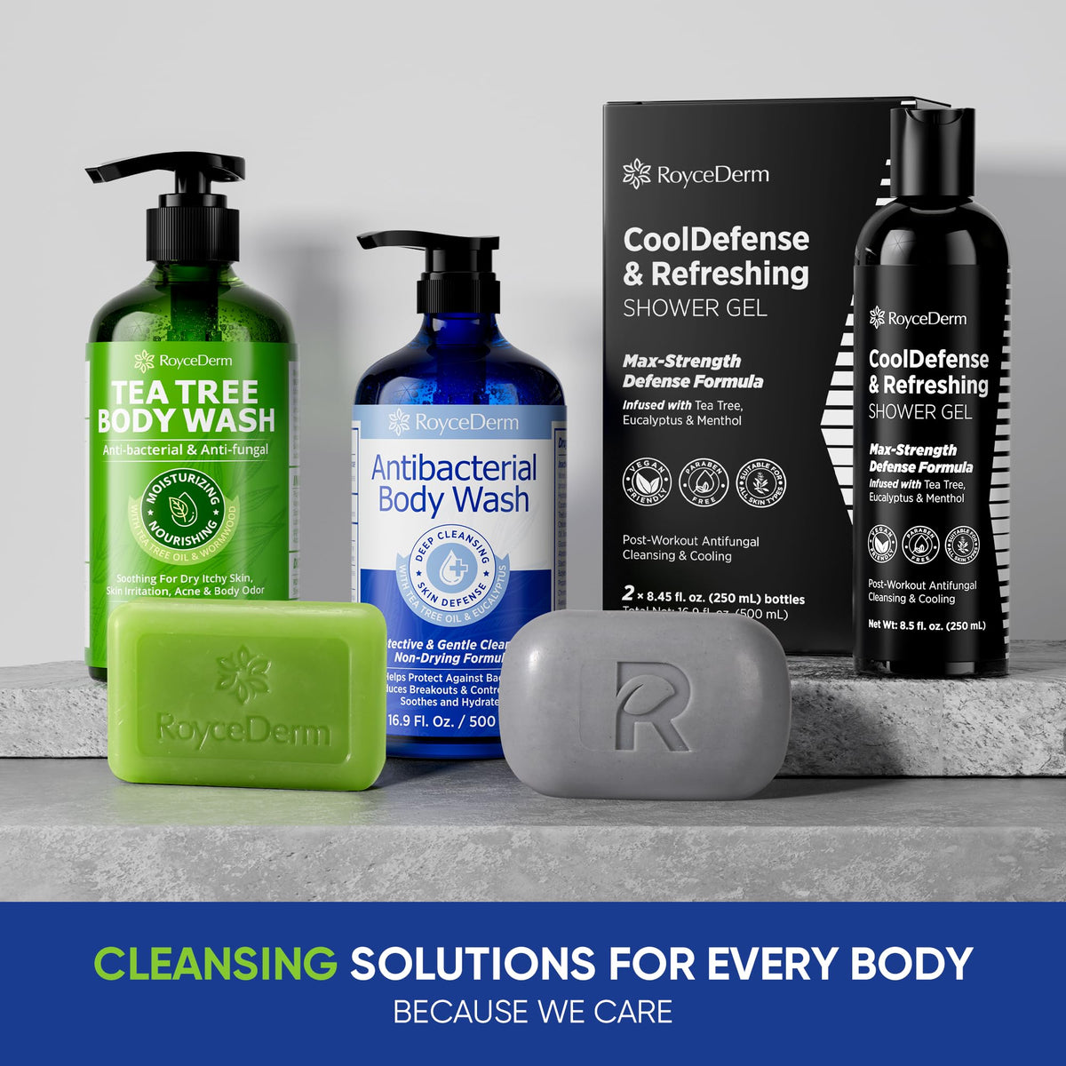 Roycederm placed on bathroom shelf conveying everyday routine benefit