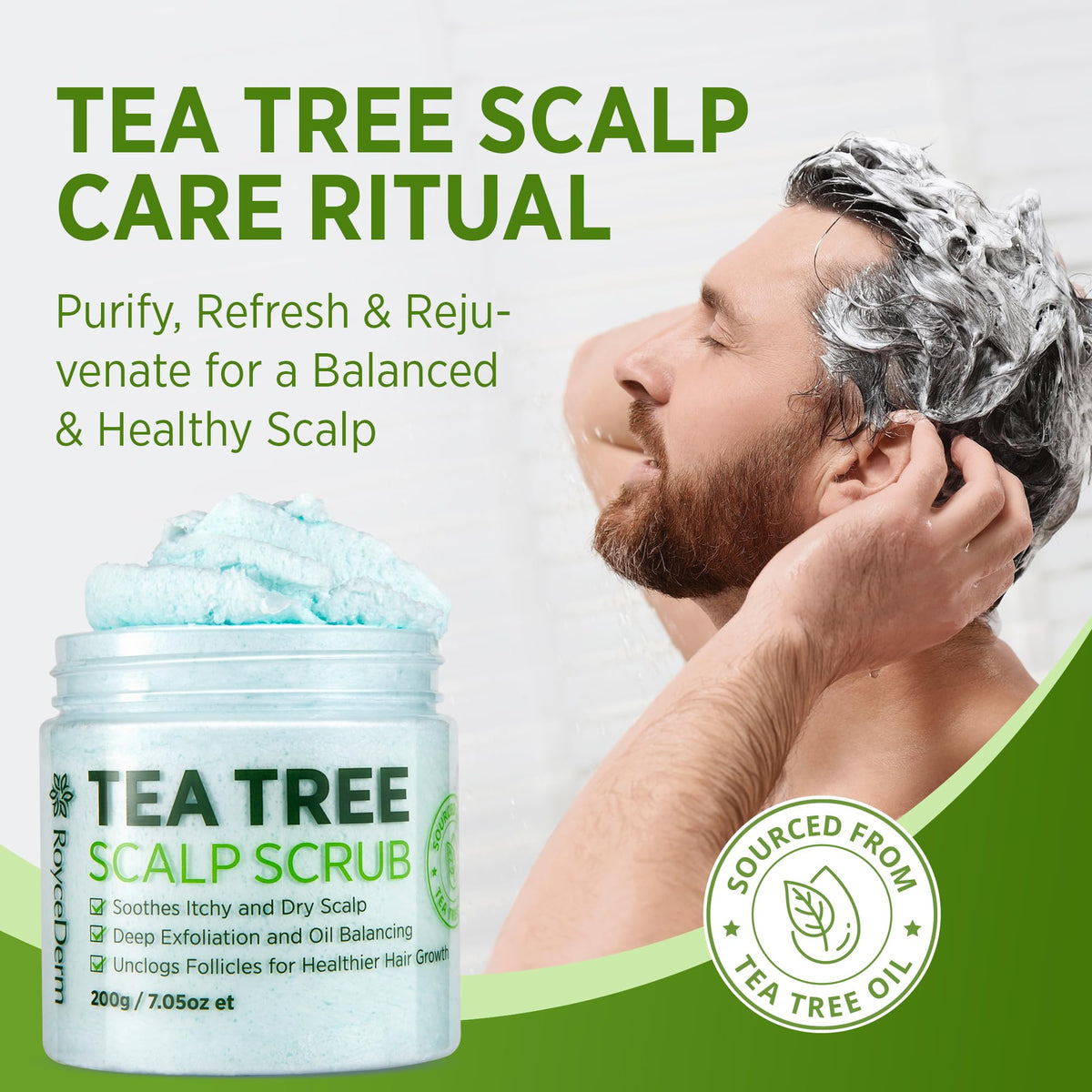 Roycederm bottle on counter conveying clean, balanced scalp results
