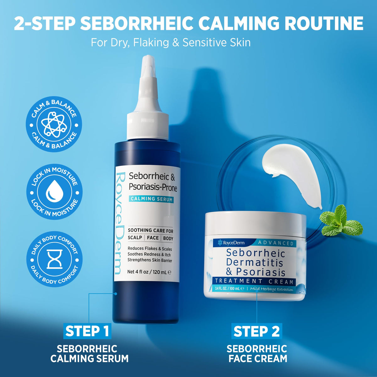 Roycederm calming serum dropper detail showing easy, measured dispensing