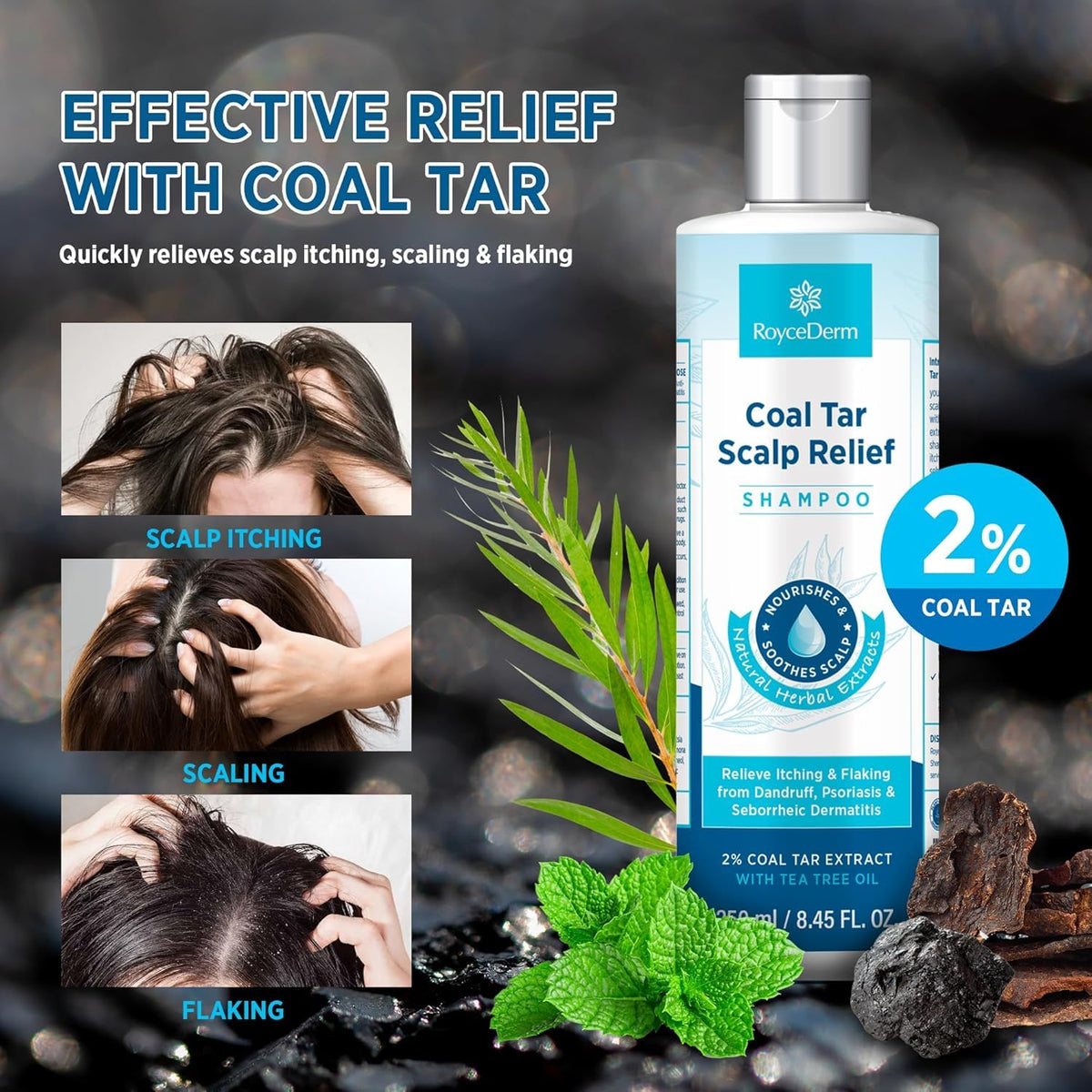Roycederm label close-up listing 2% coal tar and botanical extracts for targeted action