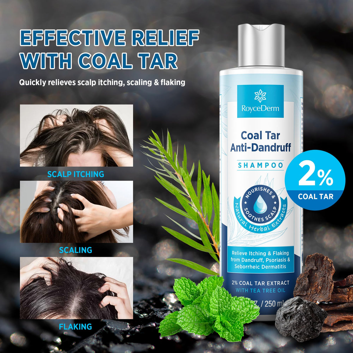 RoyceDerm label close-up listing coal tar and botanical ingredients benefit
