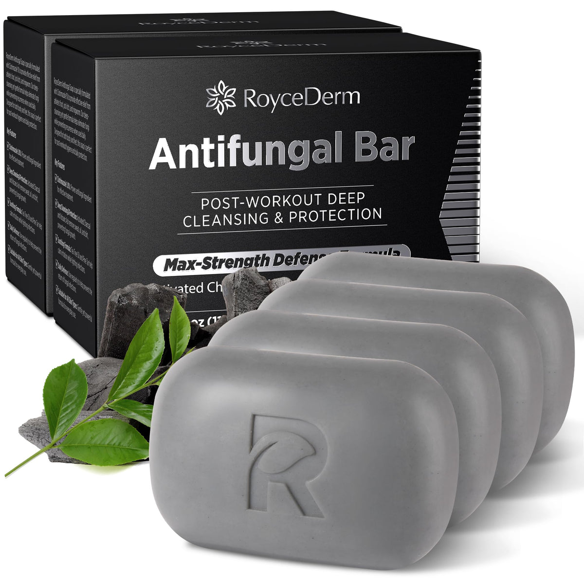 Roycederm front packaging showing four medicated antifungal bars and benefits
