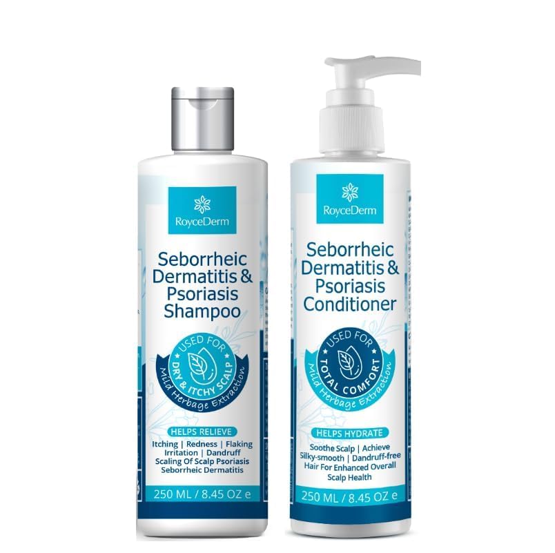 Roycederm front packaging showing full shampoo and conditioner set, calming relief