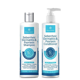 Roycederm front packaging showing full shampoo and conditioner set, calming relief