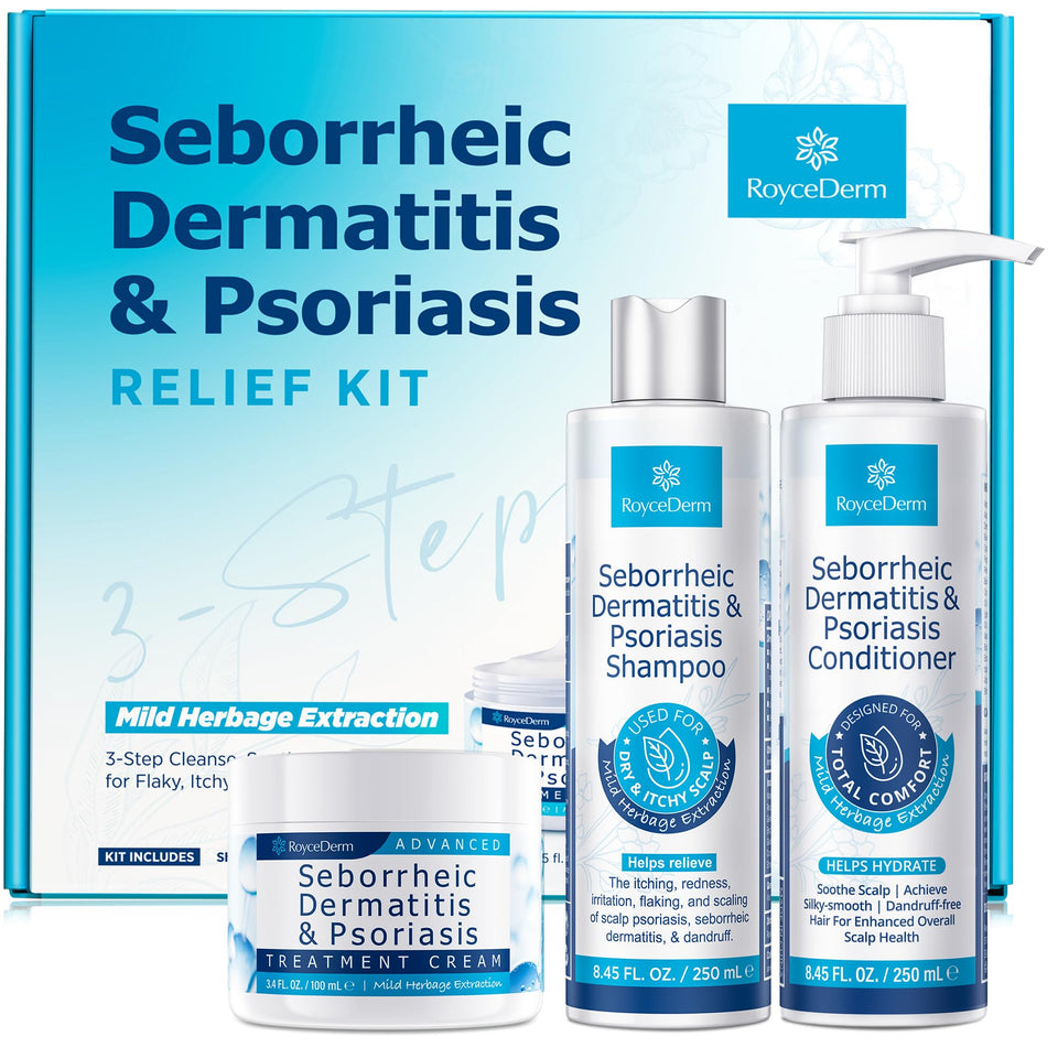 Roycederm front packaging set showing complete three-step scalp kit for easy routine
