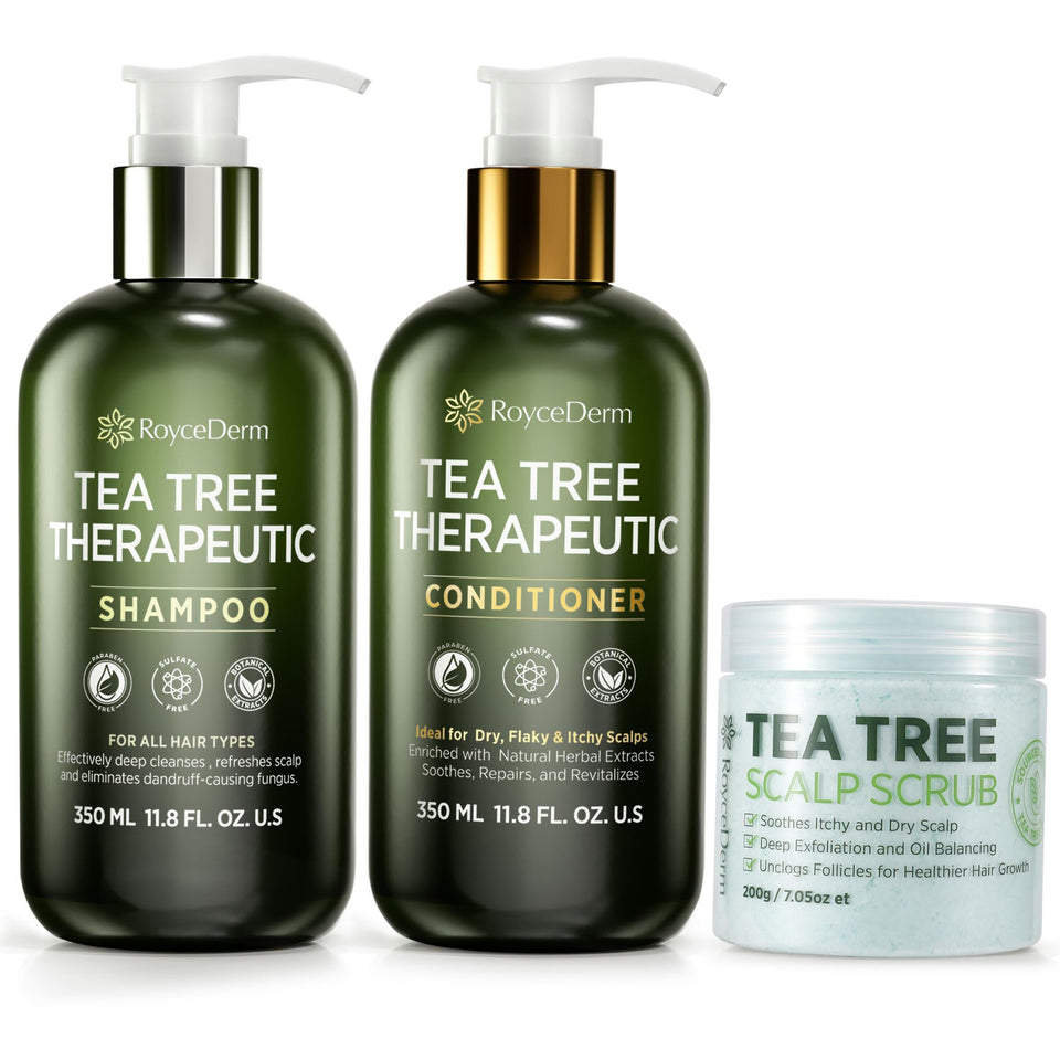 Roycederm front packaging set showing three complete scalp care steps and clarity
