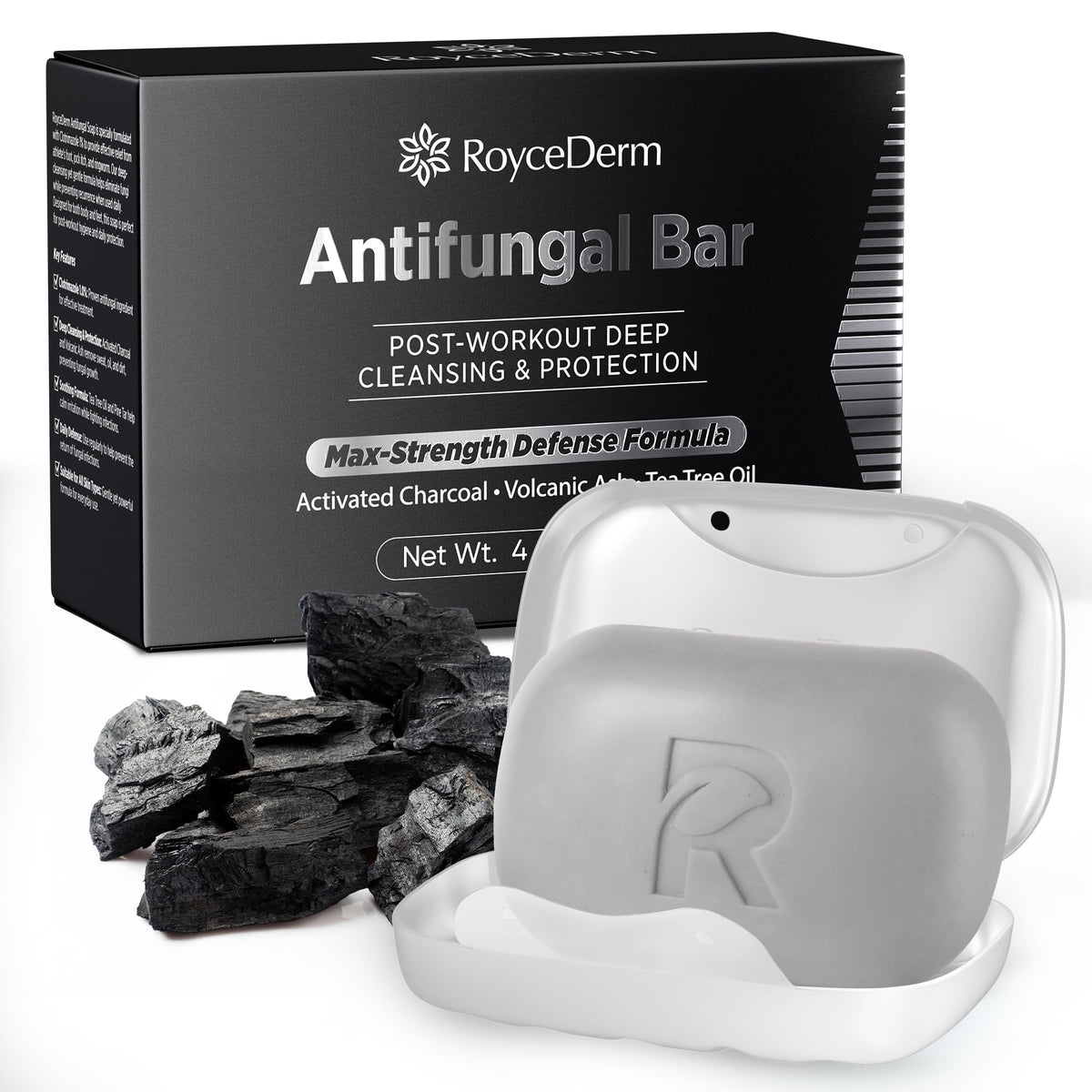 Roycederm front packaging showing the antifungal bar and soap dish, clear product ID and convenience