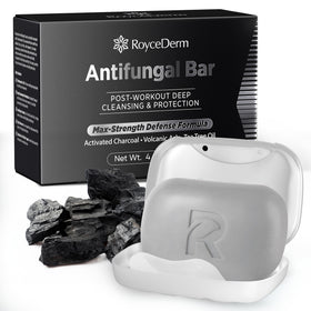 Roycederm front packaging showing the antifungal bar and soap dish, clear product ID and convenience