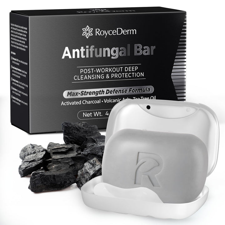 Roycederm front packaging showing the antifungal bar and soap dish, clear product ID and convenience