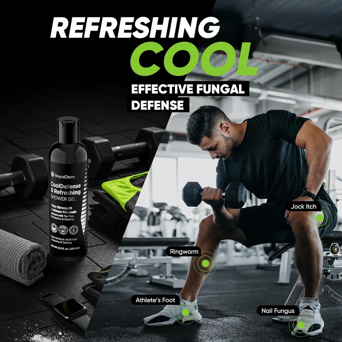 Roycederm in-shower use demonstrating post-workout freshness