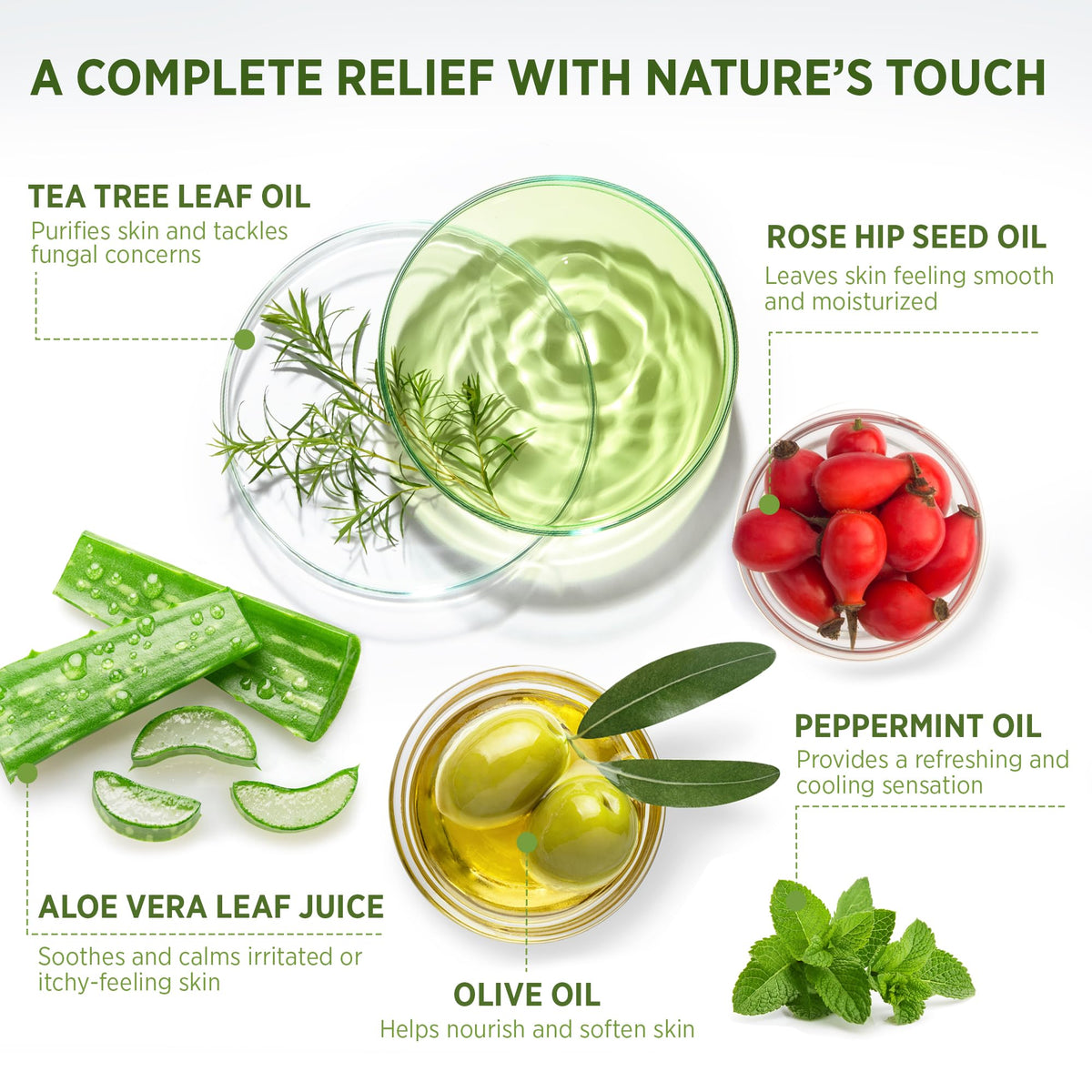 Roycederm ingredients arrangement with tea tree, eucalyptus and peppermint to show natural actives