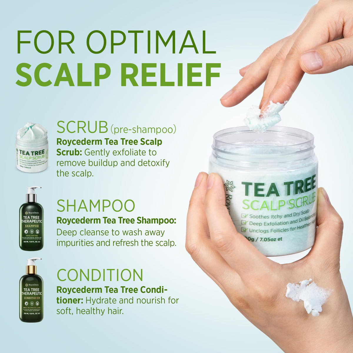 Roycederm ingredients label highlighting tea tree and plant-based formula