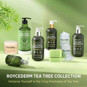 Roycederm ingredients tea tree and witch hazel display highlighting botanical balancing