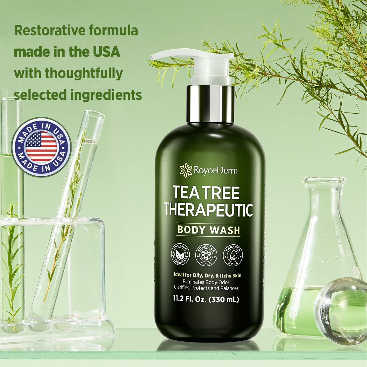 Roycederm label close-up highlighting tea tree and botanical claims for informed purchase decisions