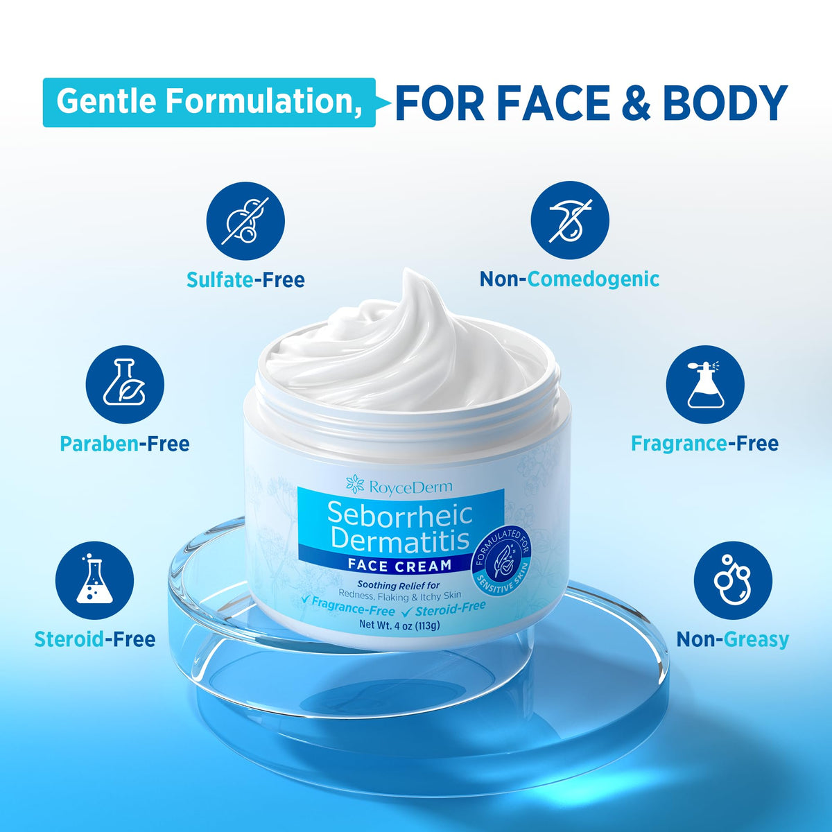 Roycederm label close-up showing ingredient focus for sensitive skin