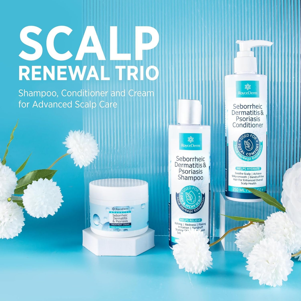 Roycederm bottles styled on bathroom shelf in use, daily routine benefit