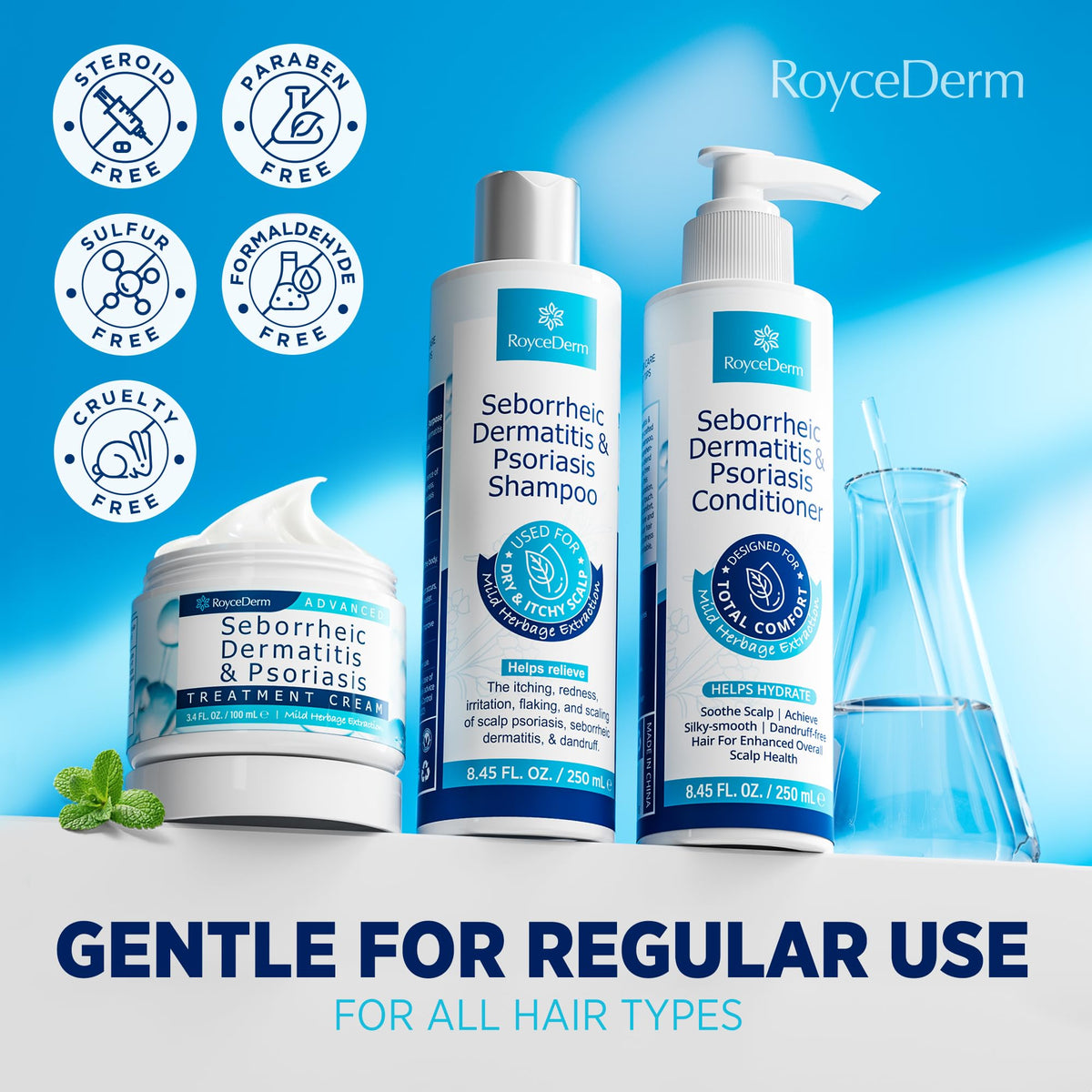 Roycederm shampoo lather in hands illustrating gentle cleansing action