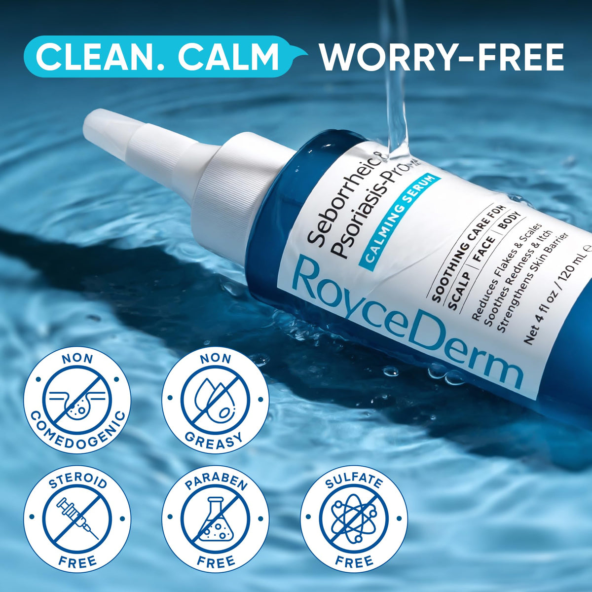 Roycederm bottle in hand demonstrating product size and easy travel-friendly use