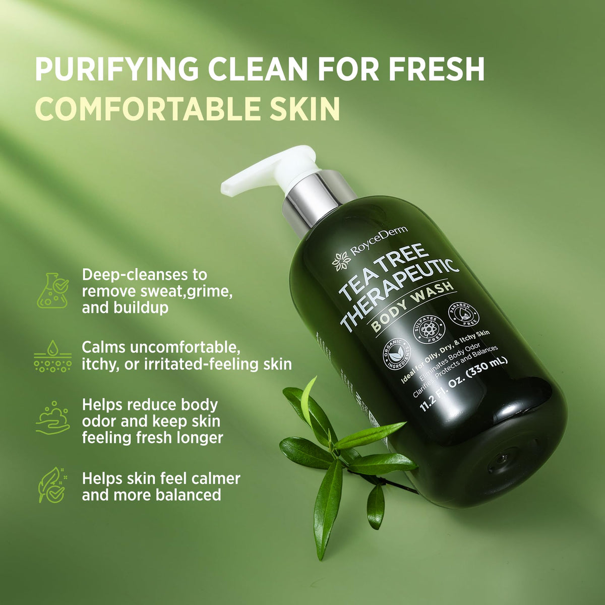 Roycederm texture pump foam on hand demonstrating gentle lather and easy spread on skin