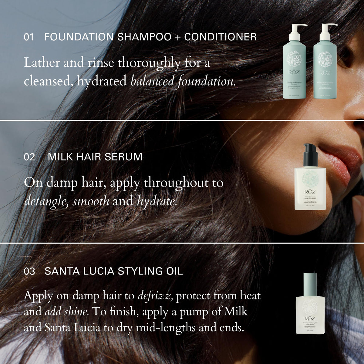 RŌZ in-shower use with hands applying product for manageable hair